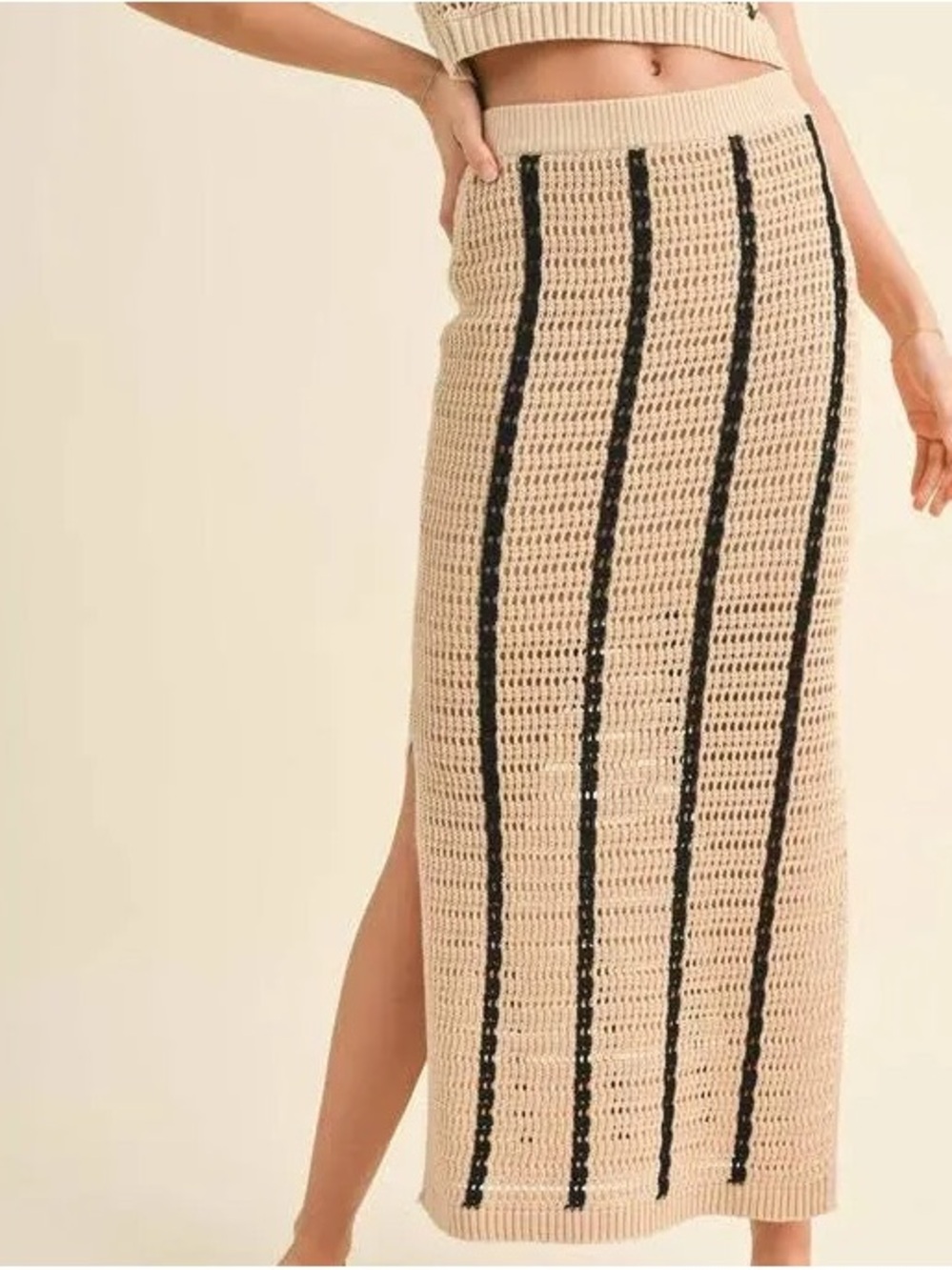 Miou Muse Ana Striped Pattern Crochet Midi Skirt - striped
